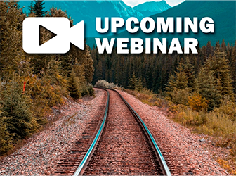 Point of View from train looking at railroad track with upcoming webinar and video play icon