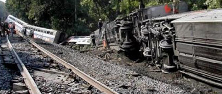 A derailed passenger train.