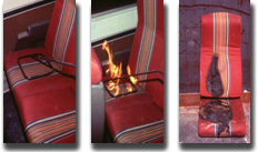 A passenger train seat catching on fire.